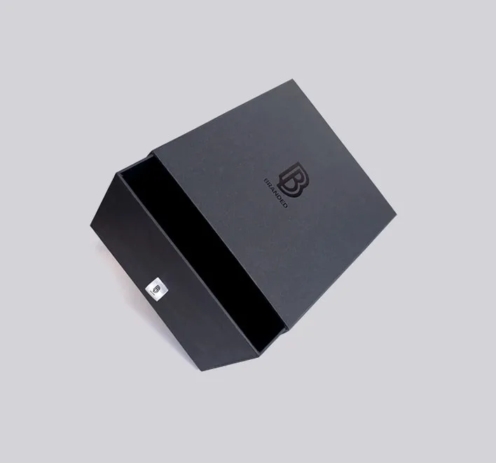 Matt black paper rigid box with spot UV logo.