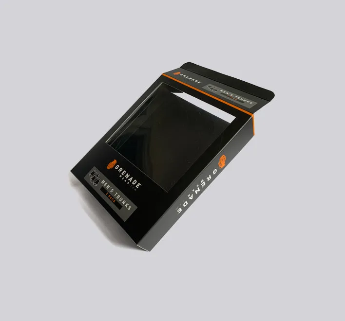 Grenade flat pack paper box with transparent window.