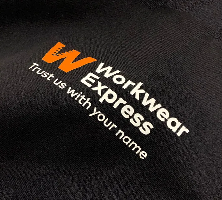 Workwear flat oil print heat press label.