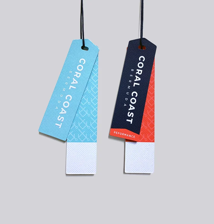 Textured card hang tags for garments.
