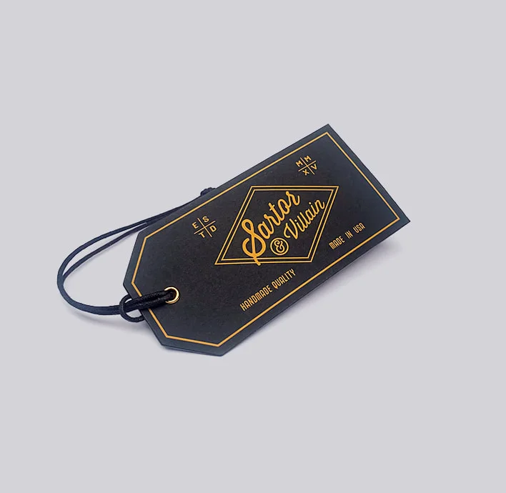 Matt black printed hang tag for clothing.