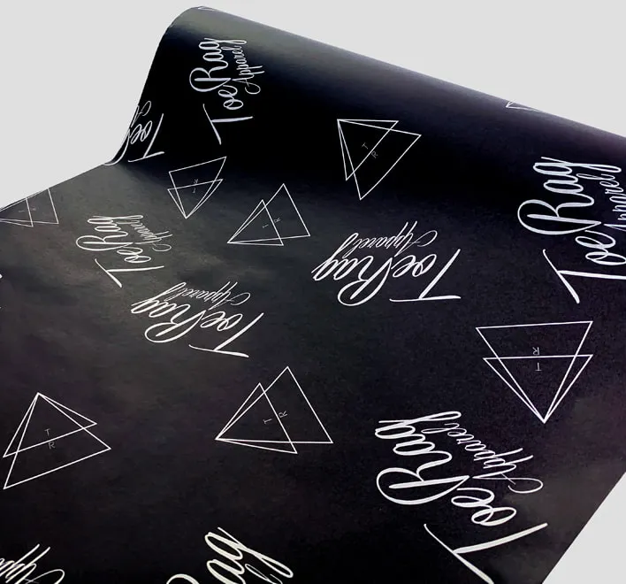 Custom branded black tissue paper for apparel.